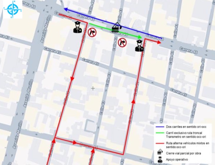 Por apertura del separador de la intersección de la carrera 46 con calle 43, cierre parcial y temporal hasta el 5 de diciembre