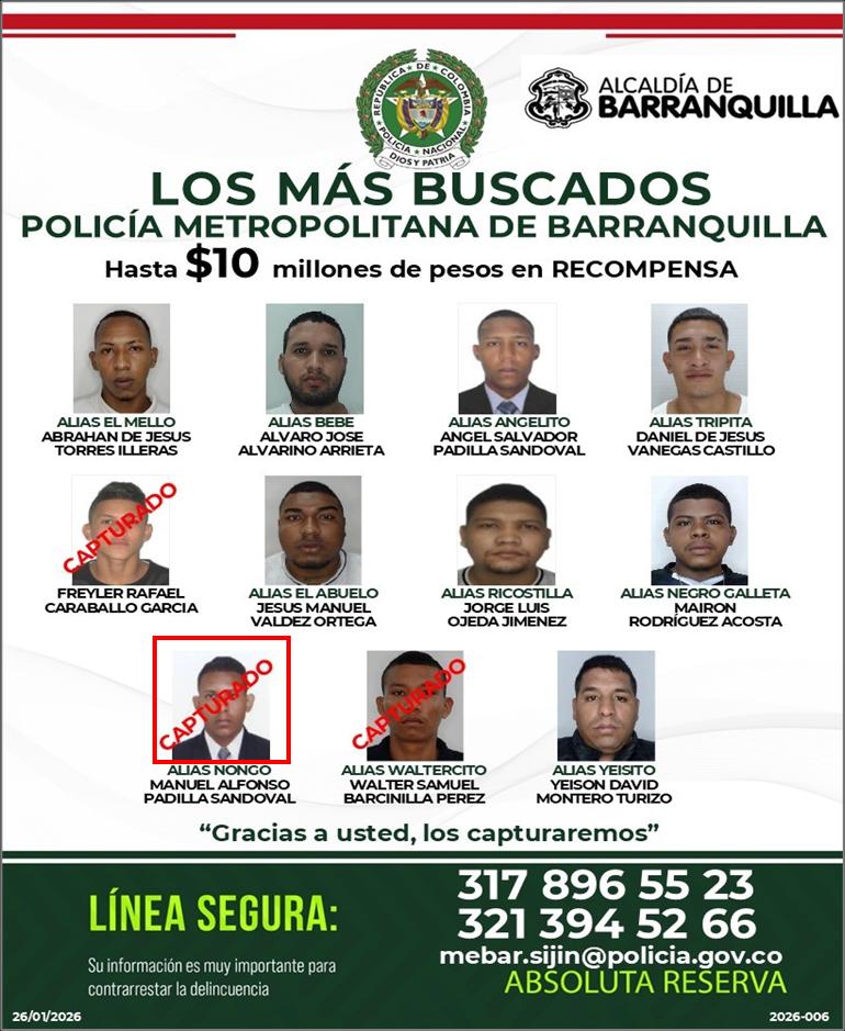 Contundente golpe contra el homicidio: Policía Nacional captura a tres integrantes del cartel de los más buscados en Barranquilla y su área metropolitana