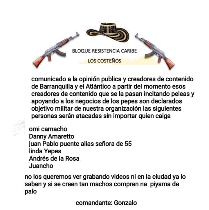 presunto panfleto amenazante a creadores de contenido de la Costa Atlántica