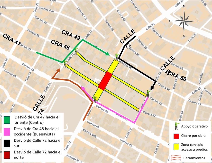 Cierre total en la calle 72 entre carreras 47 y 48 por obras en la malla vial